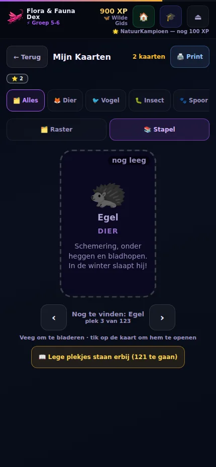 Het album in de app: een nog lege plek voor de egel, met de vind-tip erbij en de teller 'plek 3 van 123'.